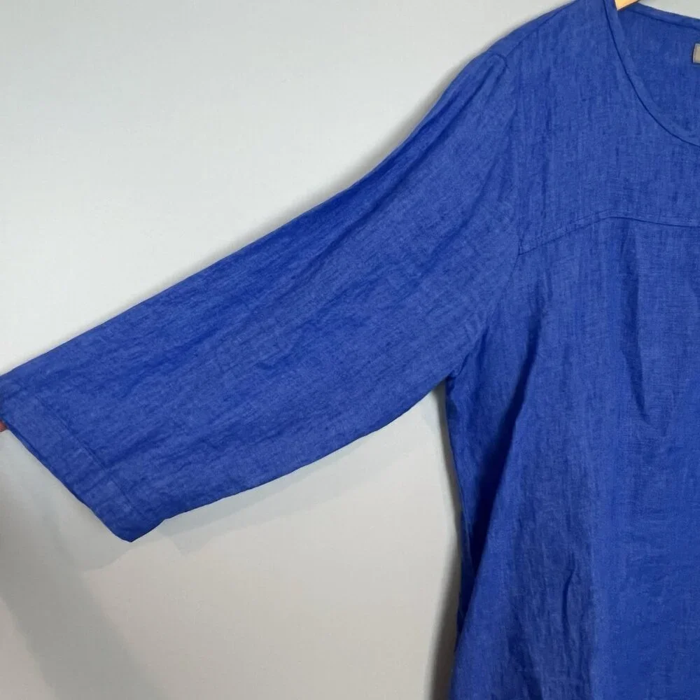 FLAX Blue Linen Shift Dress or Tunic Pullover Size Medium Pockets 3/4 Sleeves - Picture 2 of 8